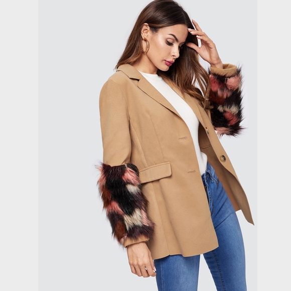 Fur Patches Sleeves Coat Style Jacket in Camel - Picture 2 of 7
